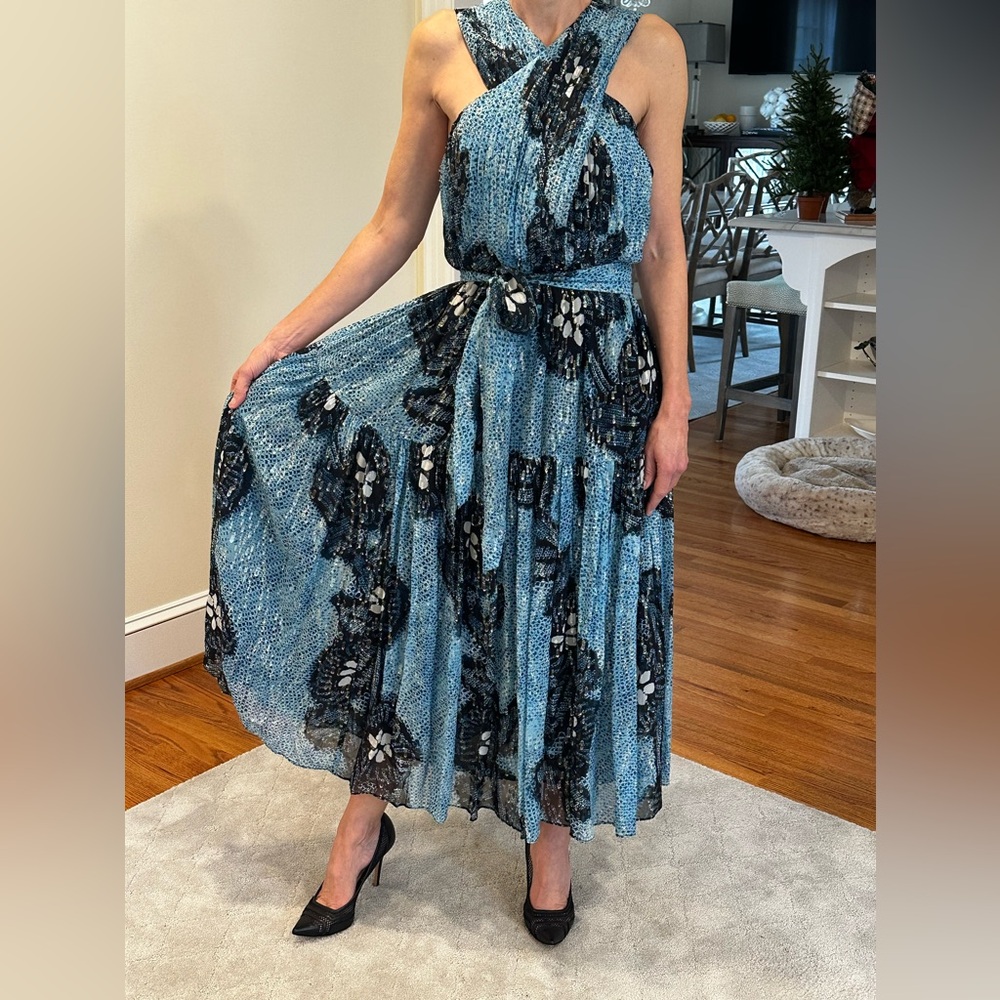 Ulla Johnson Silk Cocktail Dress Blue & Metallic Sleeveless V-Neck Conc Zip Sz 4 - Picture 7 of 12